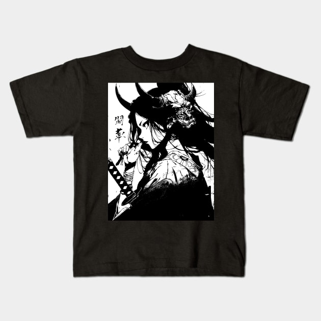 Vaporwave Cyberpunk Yakuza Japanese Samurai Girl #3 Kids T-Shirt by Neon Bang Bang